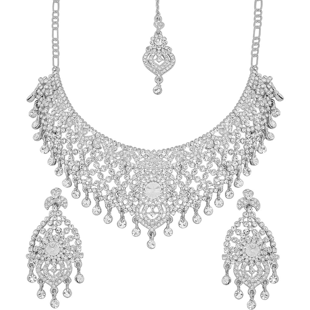Indian Bridal Silver & White Rhinestone Necklace Earrings Mangtika Set For Women